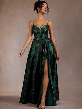 Emerald Floral Satin Ball Gown Dress with Thigh Slit